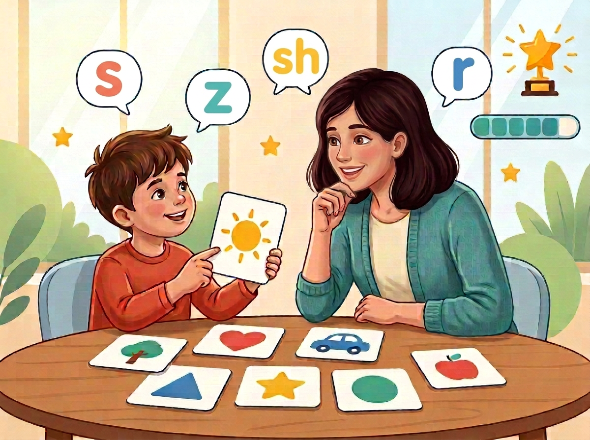 An adult and a child playing a speech practice game together with picture cards and speech bubbles showing the sounds s, z, sh and r